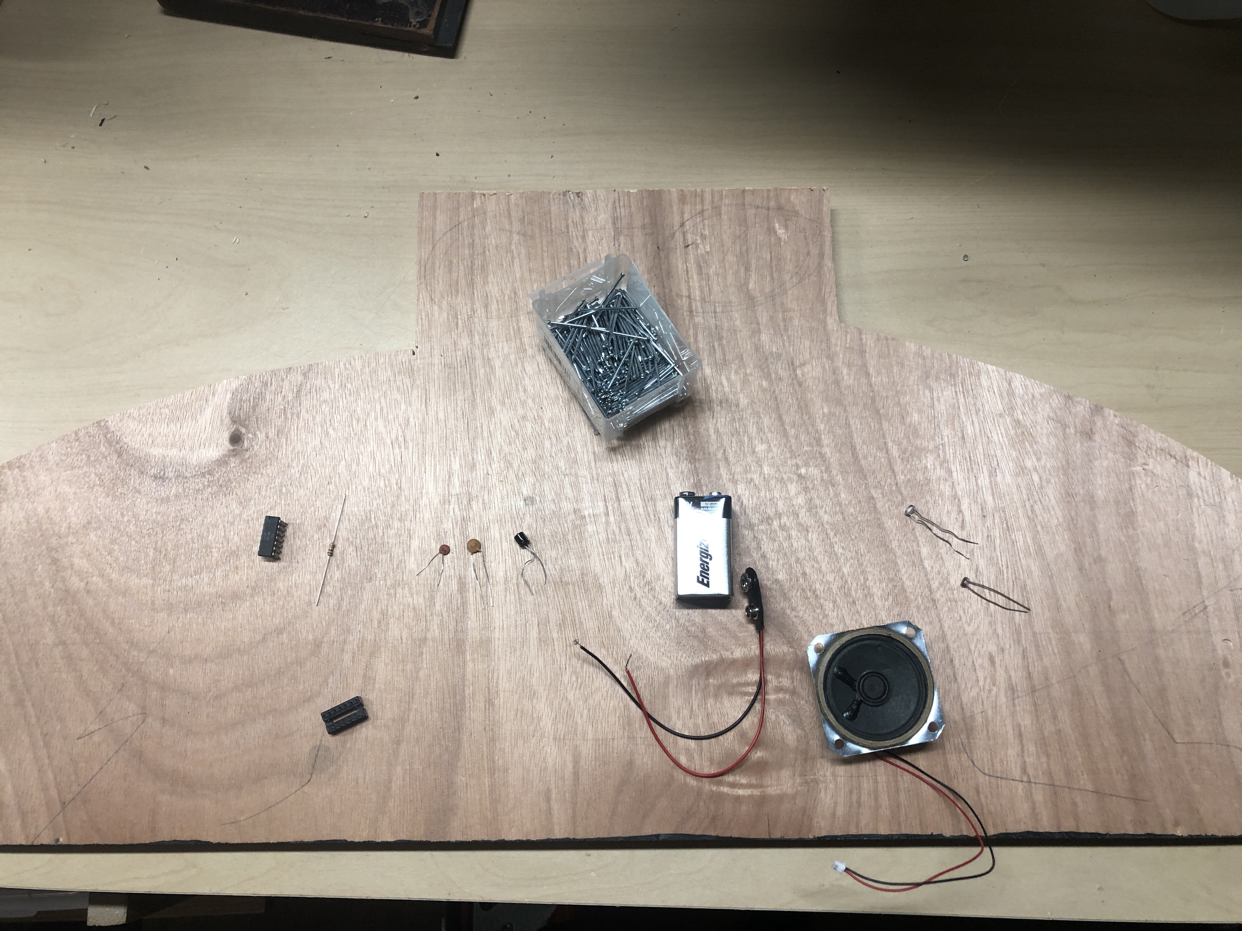 Parts for Atari Punk Console on a Wooden Breadboard